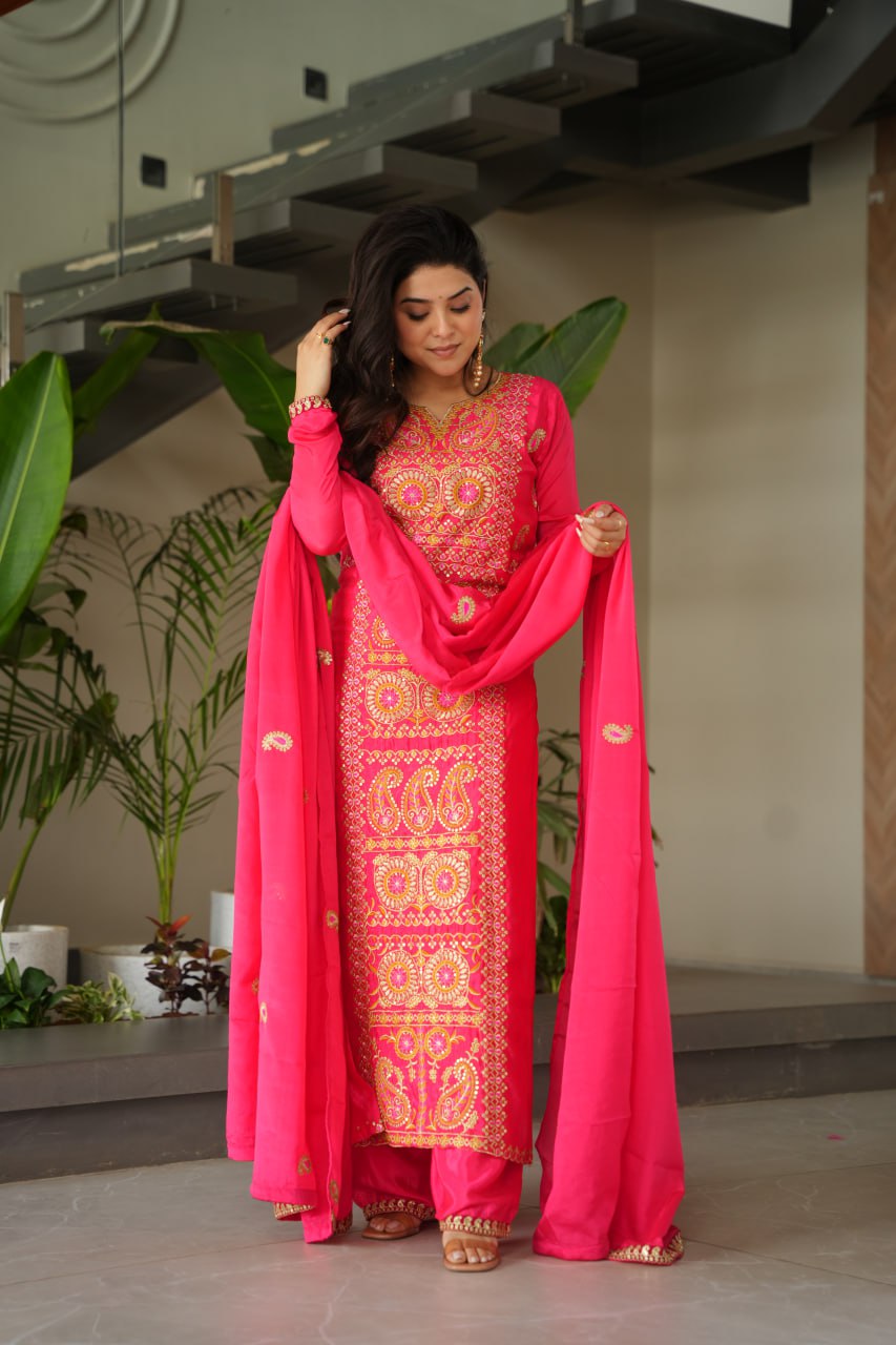 Elegant Chinnon Silk Embroidered Top Pant Set with Dupatta