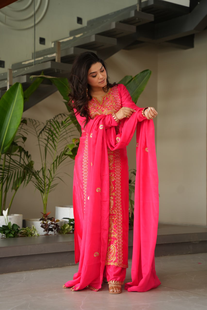 Elegant Chinnon Silk Embroidered Top Pant Set with Dupatta