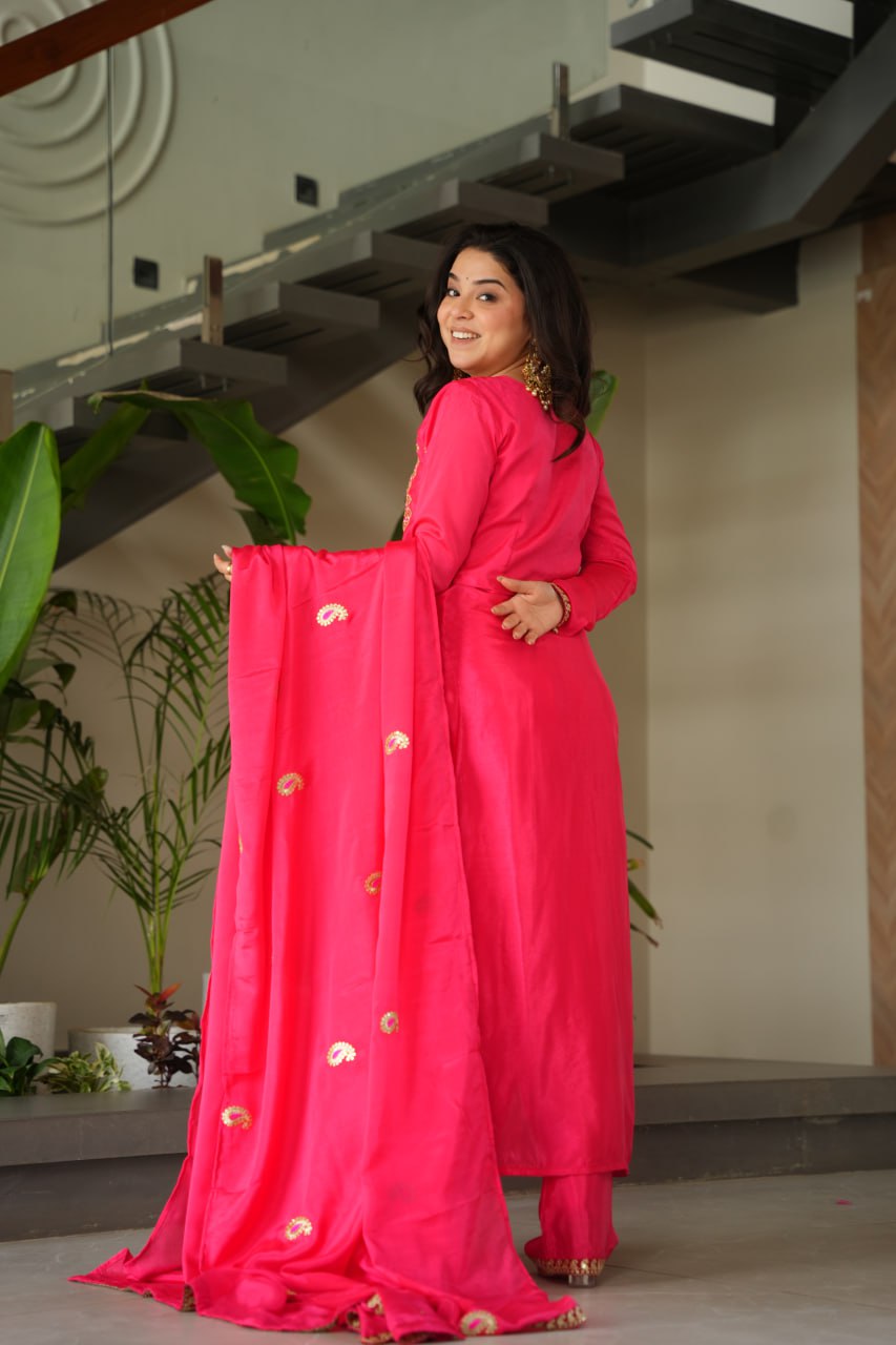 Elegant Chinnon Silk Embroidered Top Pant Set with Dupatta