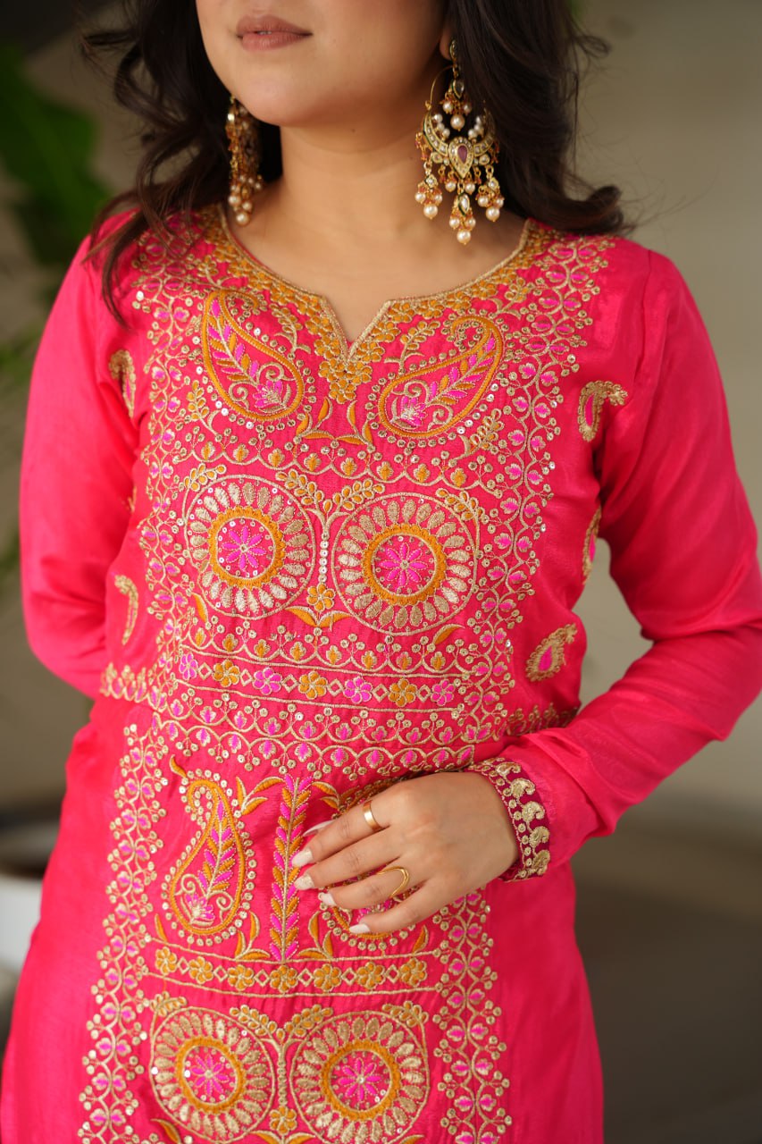 Elegant Chinnon Silk Embroidered Top Pant Set with Dupatta
