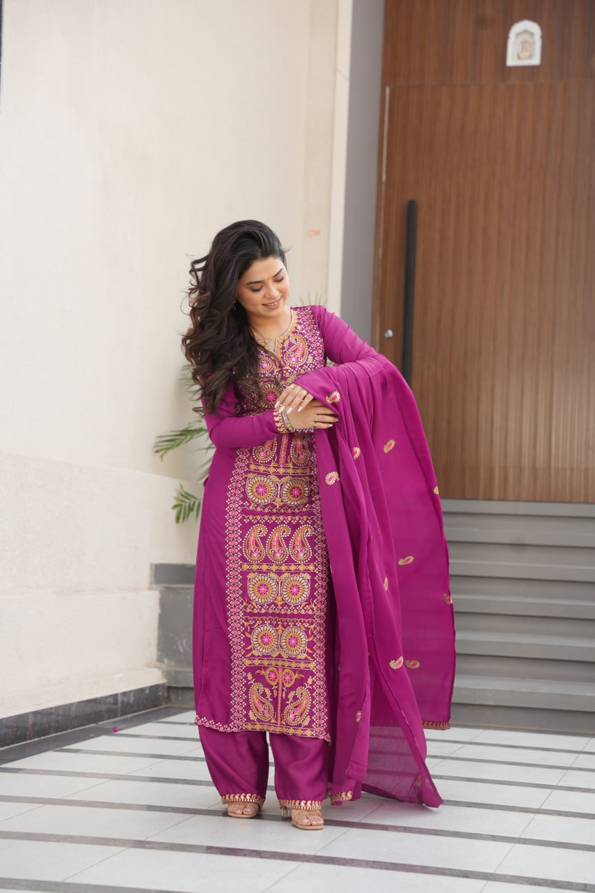 Elegant Chinnon Silk Embroidered Top Pant Set with Dupatta