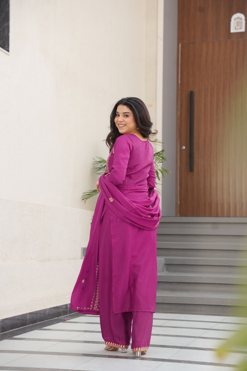 Elegant Chinnon Silk Embroidered Top Pant Set with Dupatta
