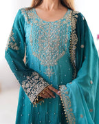 Luxury Chinnon Silk Suit Set with Dori & Moti Embroidery
