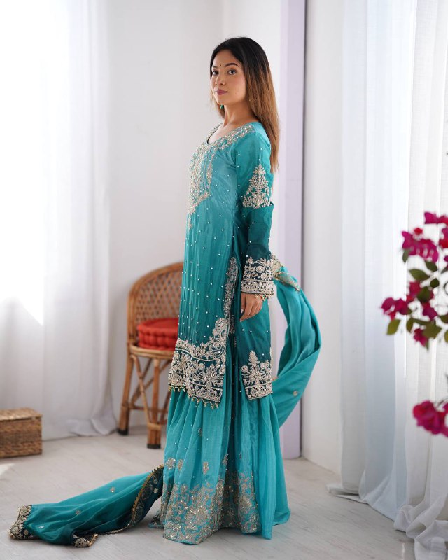 Luxury Chinnon Silk Suit Set with Dori & Moti Embroidery