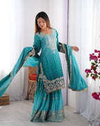 Luxury Chinnon Silk Suit Set with Dori & Moti Embroidery
