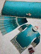 Luxury Chinnon Silk Suit Set with Dori & Moti Embroidery
