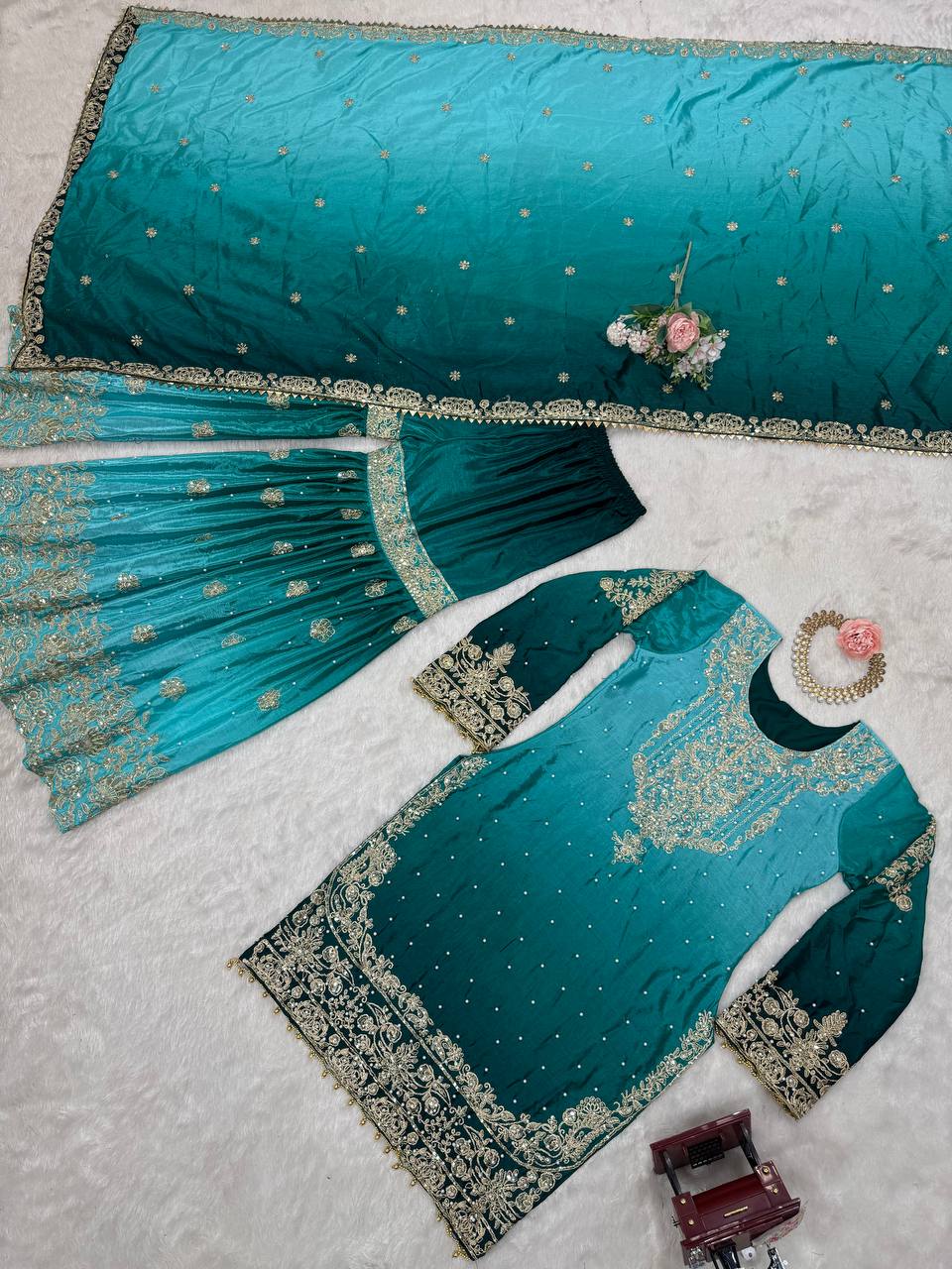 Luxury Chinnon Silk Suit Set with Dori & Moti Embroidery