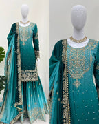 Luxury Chinnon Silk Suit Set with Dori & Moti Embroidery