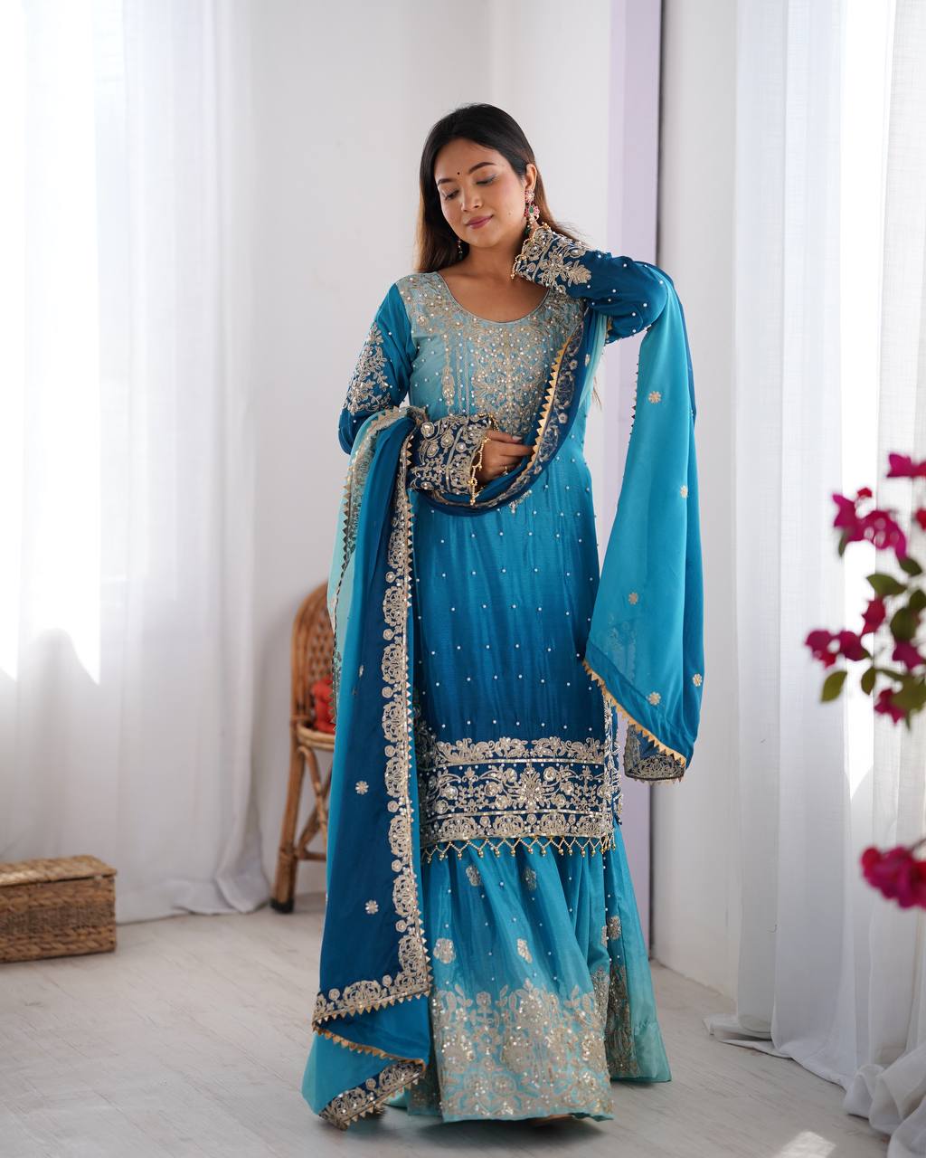 Premium Chinnon Silk with Coding Dori with Sequence with Rivet Moti Work Fancy Suit Set
