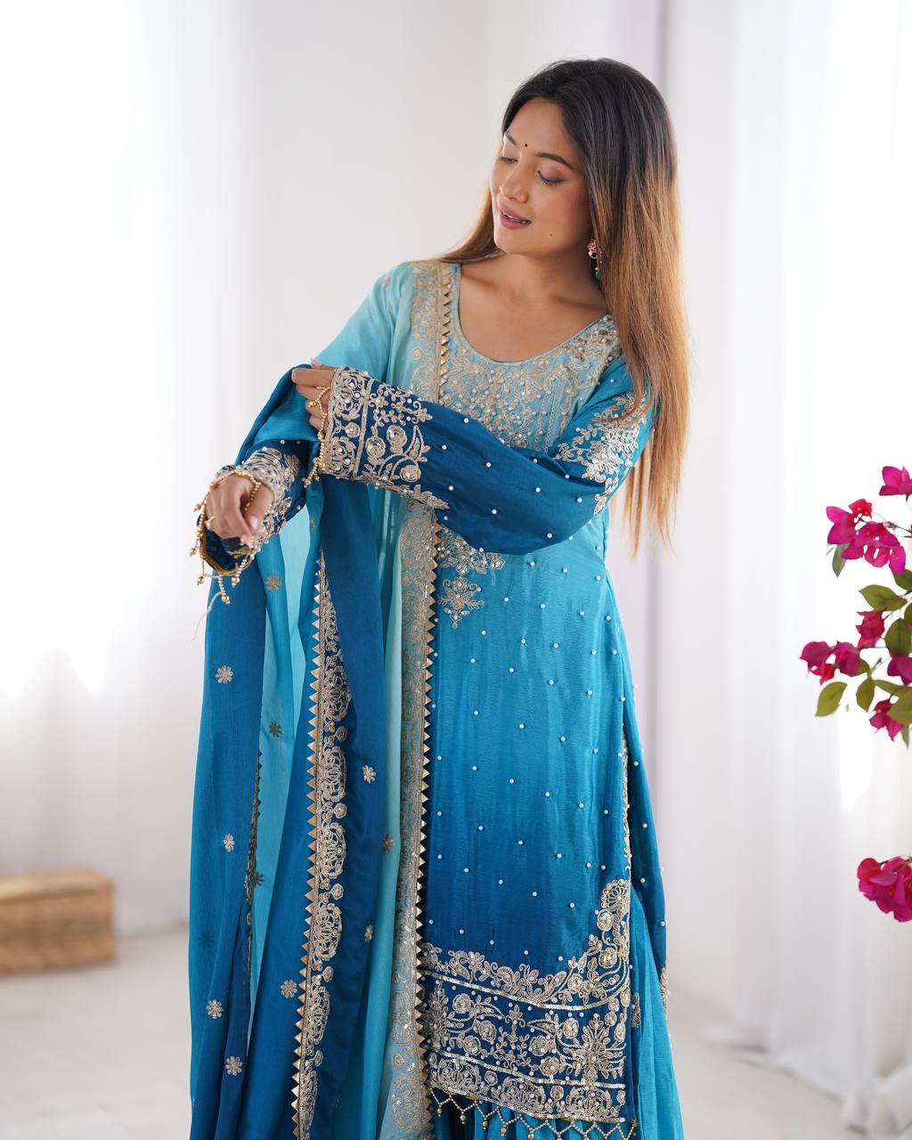 Premium Chinnon Silk with Coding Dori with Sequence with Rivet Moti Work Fancy Suit Set
