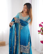 Premium Chinnon Silk with Coding Dori with Sequence with Rivet Moti Work Fancy Suit Set