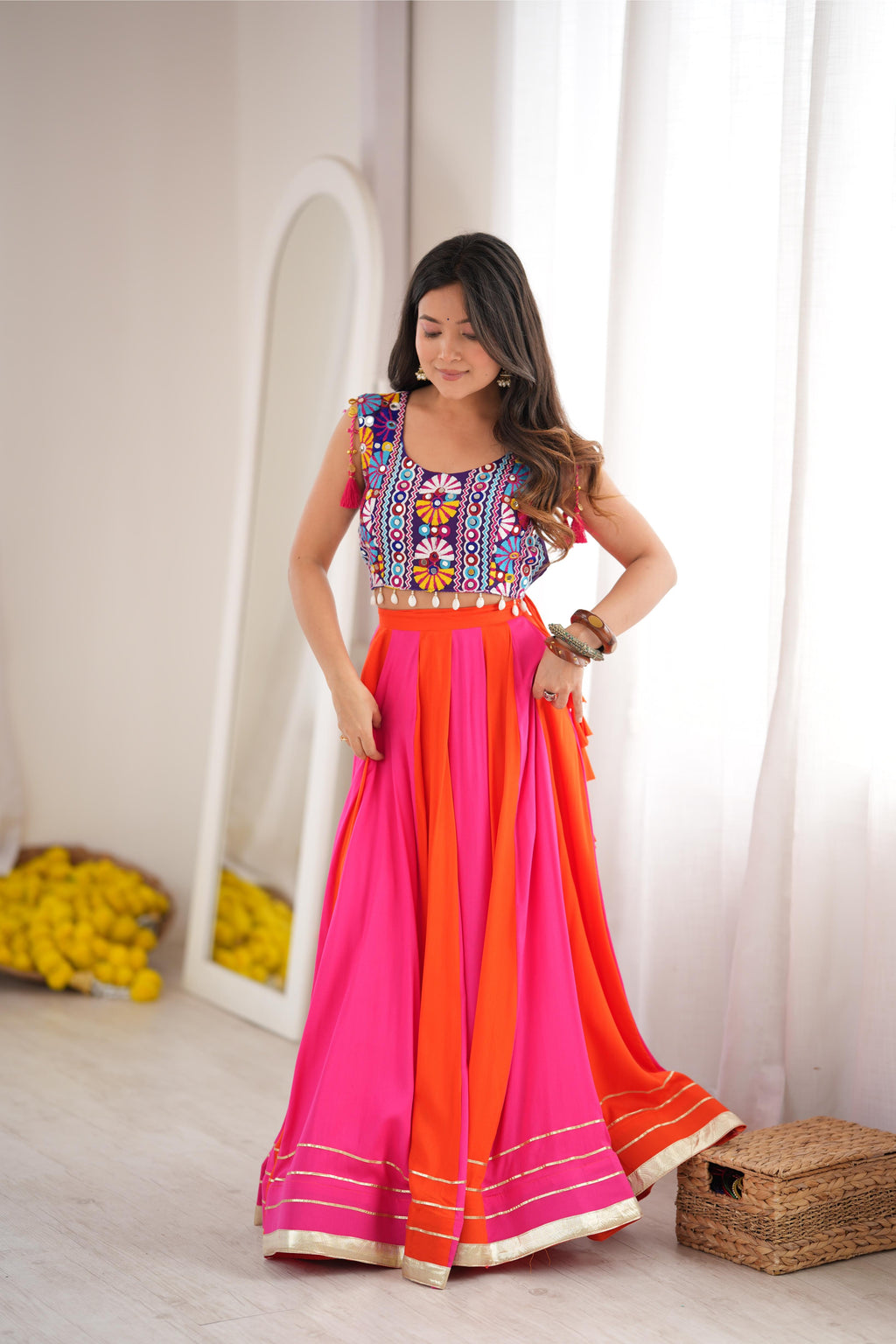 Designer Reyon Gota Patti Mirror Lehenga Set | Tulip Designer
