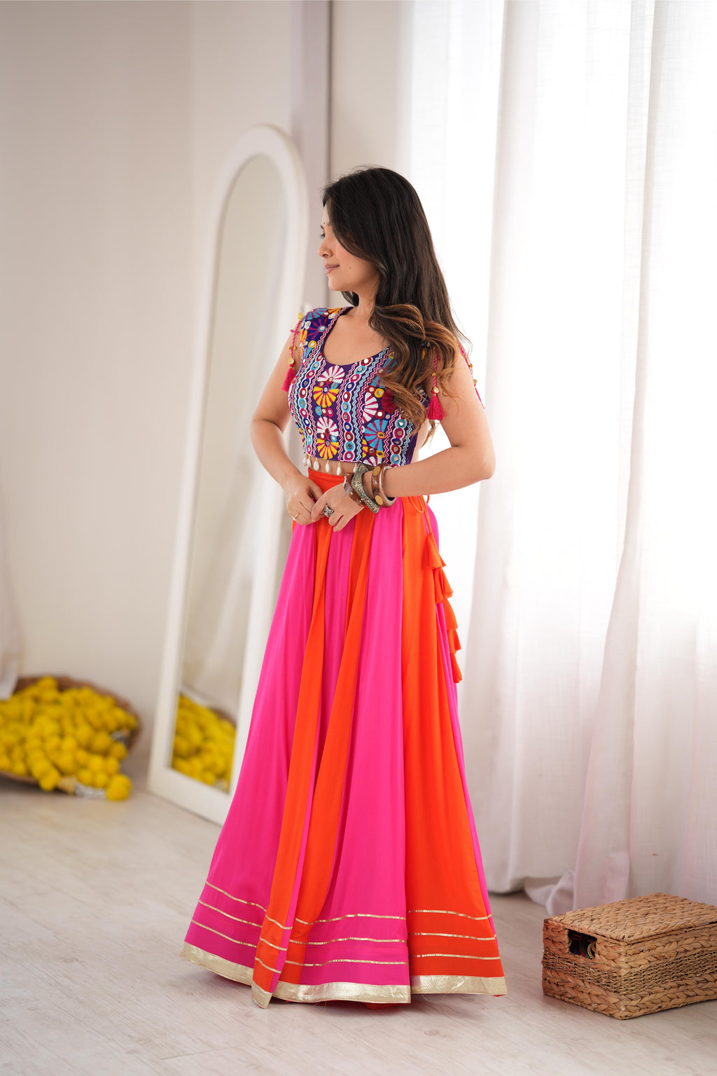 Designer Reyon Gota Patti Mirror Lehenga Set | Tulip Designer
