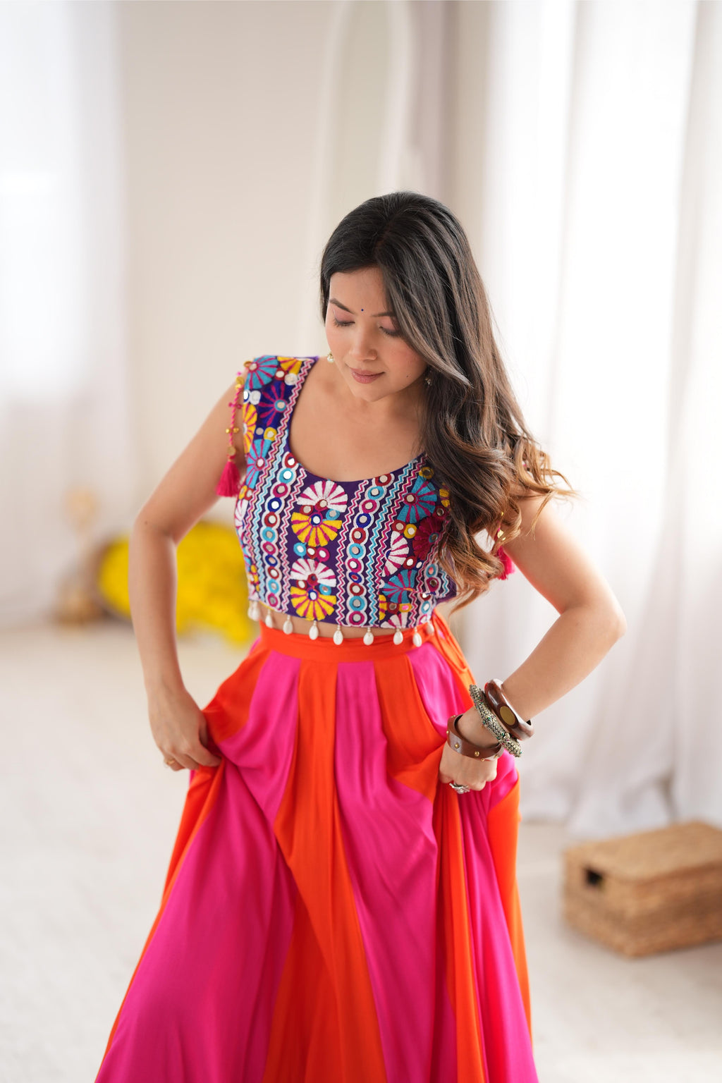 Designer Reyon Gota Patti Mirror Lehenga Set | Tulip Designer
