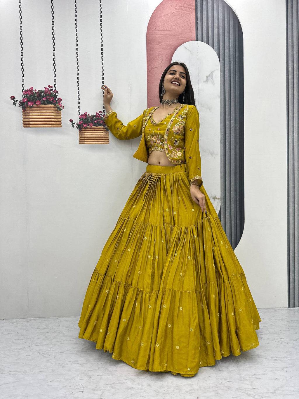 Festival Special Chinon Embroidered Lehenga Choli Set With Jacket