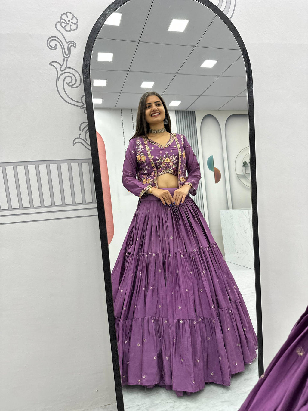 Festival Special Chinon Embroidered Lehenga Choli Set With Jacket