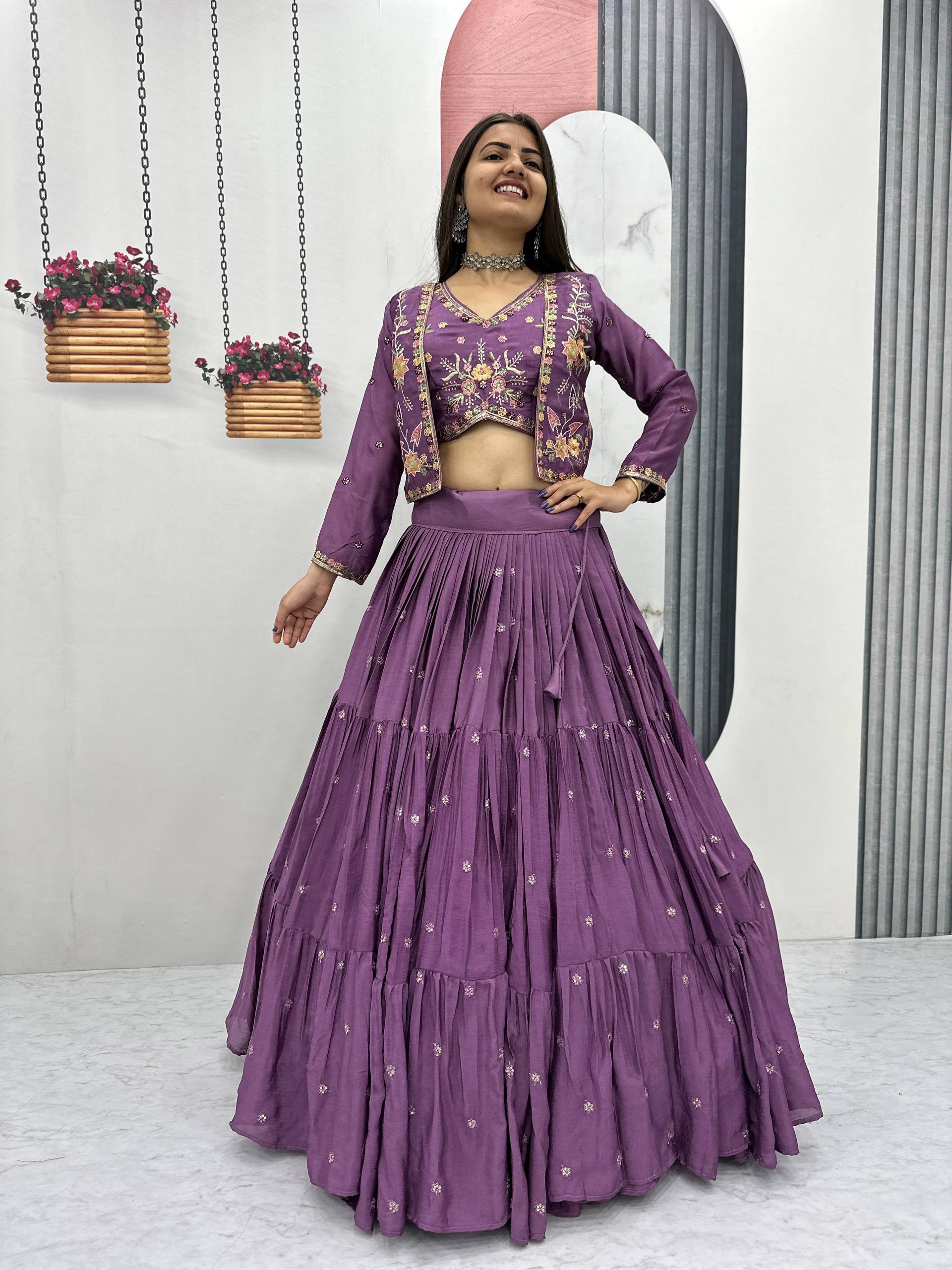 Festival Special Chinon Embroidered Lehenga Choli Set With Jacket