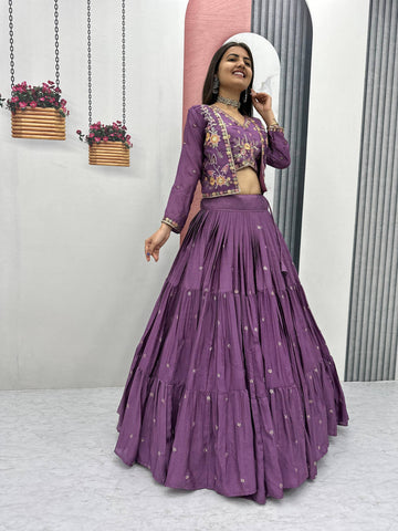 Festival Special Chinon Embroidered Lehenga Choli Set With Jacket