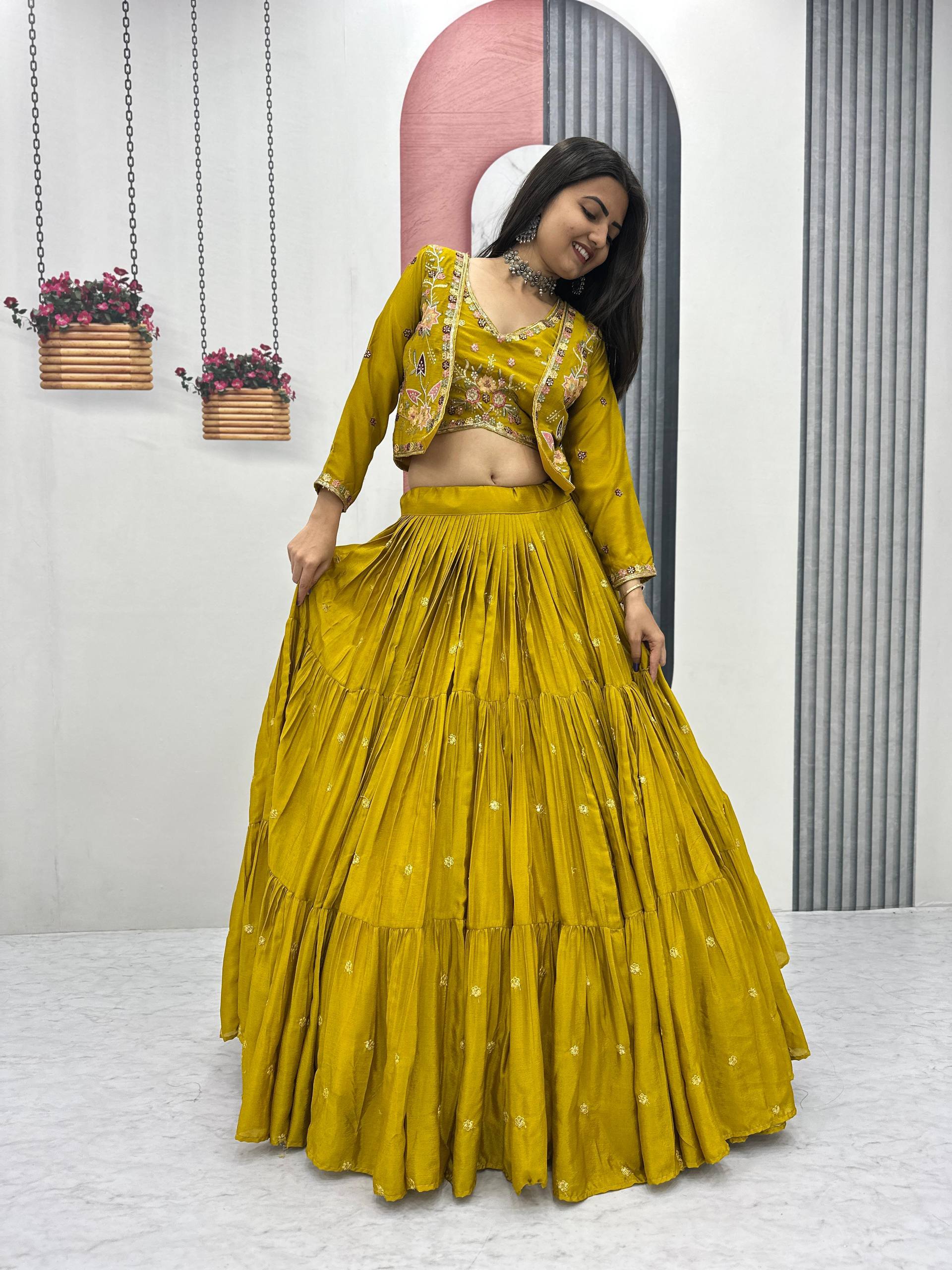 Festival Special Chinon Embroidered Lehenga Choli Set With Jacket