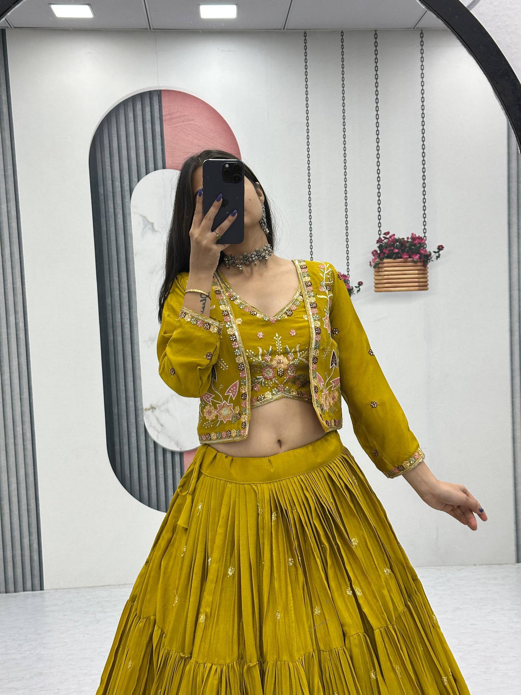 Festival Special Chinon Embroidered Lehenga Choli Set With Jacket