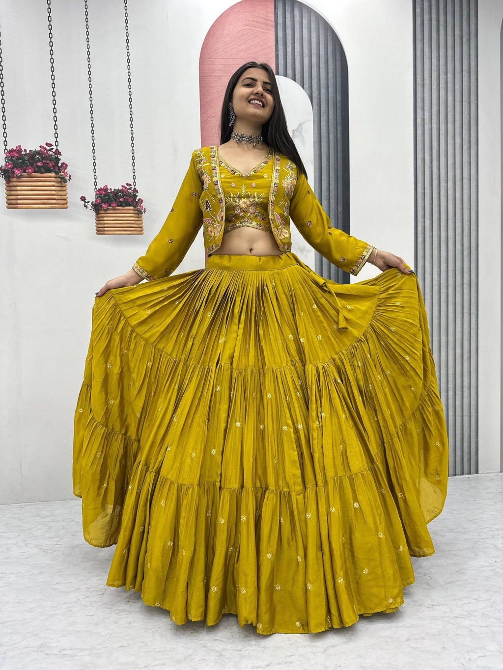 Festival Special Chinon Embroidered Lehenga Choli Set With Jacket