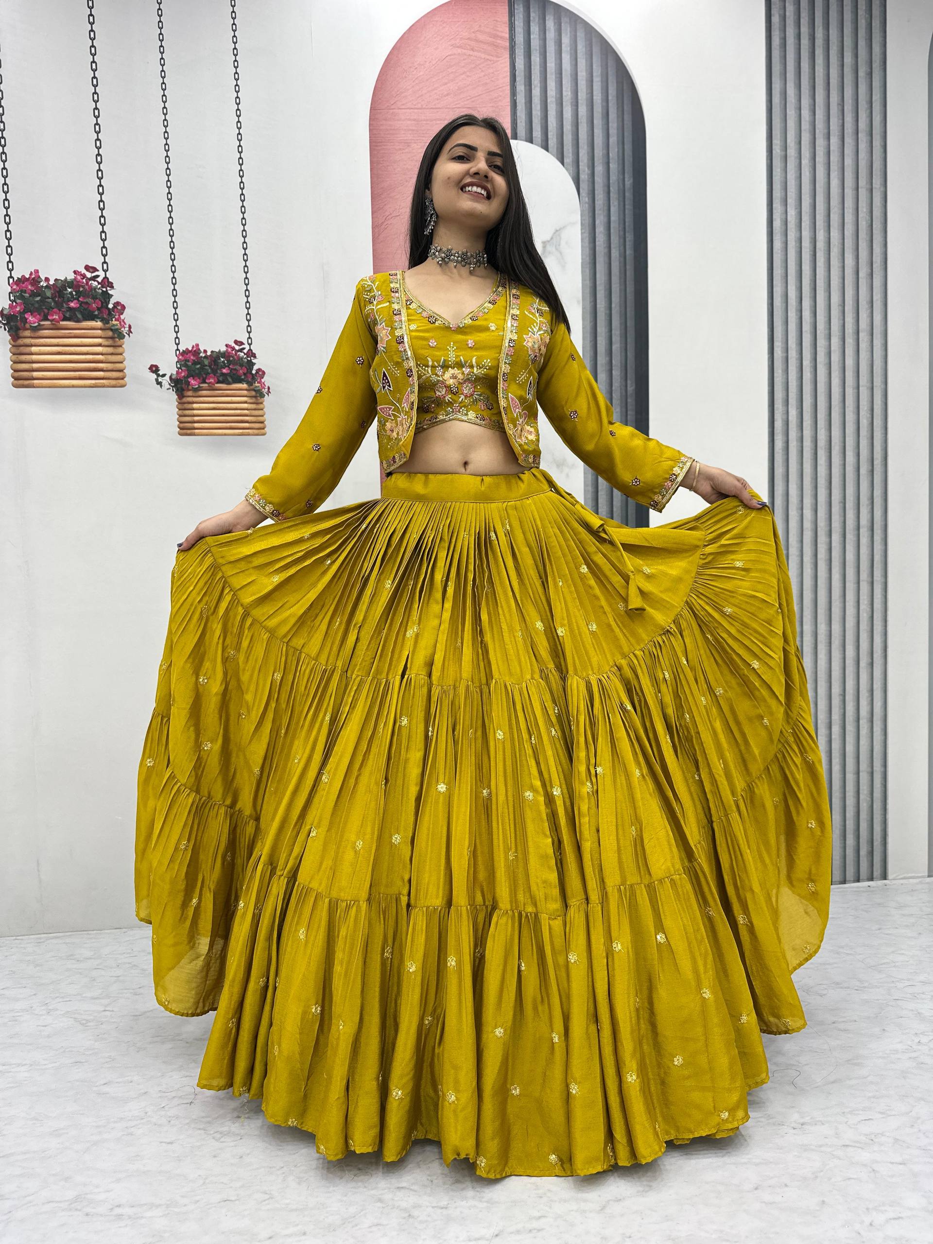 Festival Special Chinon Embroidered Lehenga Choli Set With Jacket