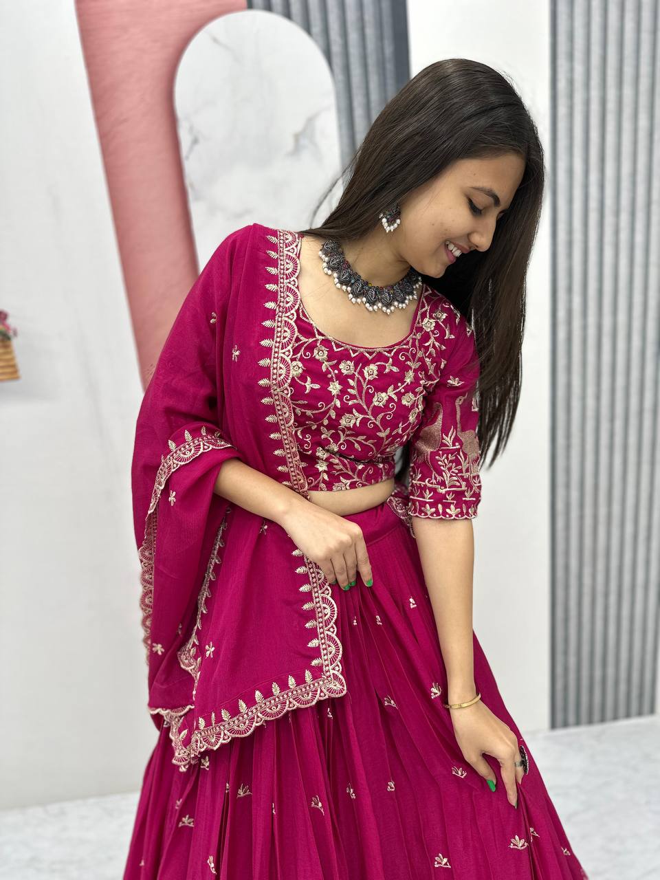 Premium Chinon Heavy Embroidery Thread Work Ready to Wear Lehenga Choli Set
