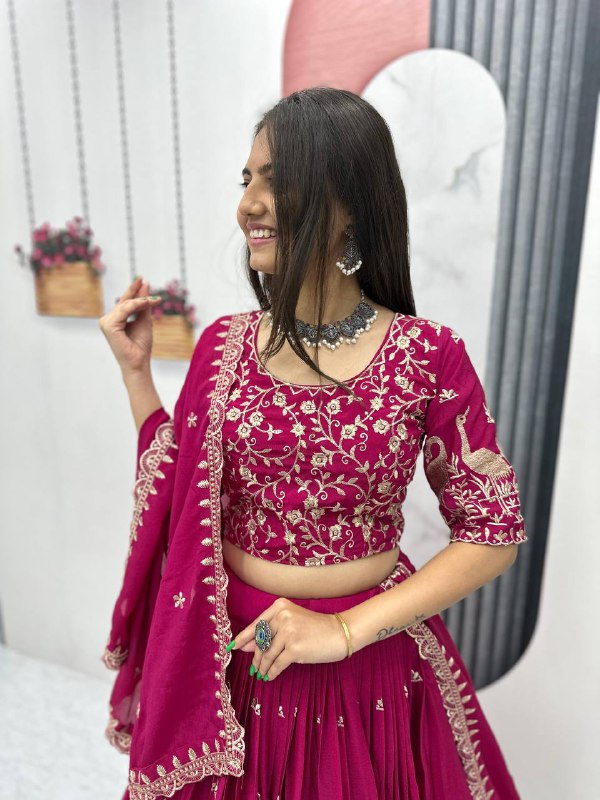 Premium Chinon Heavy Embroidery Thread Work Ready to Wear Lehenga Choli Set
