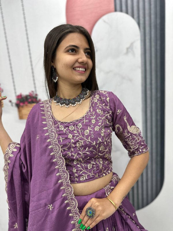 Premium Chinon Heavy Embroidery Thread Work Ready to Wear Lehenga Choli Set
