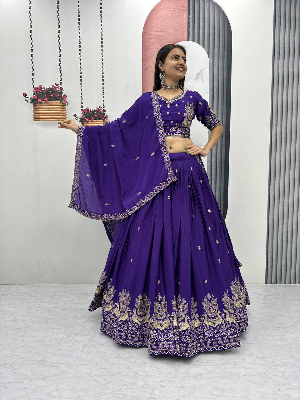 Festival-Ready Chinon Silk Lehenga Choli with Thread Embroidery Work
