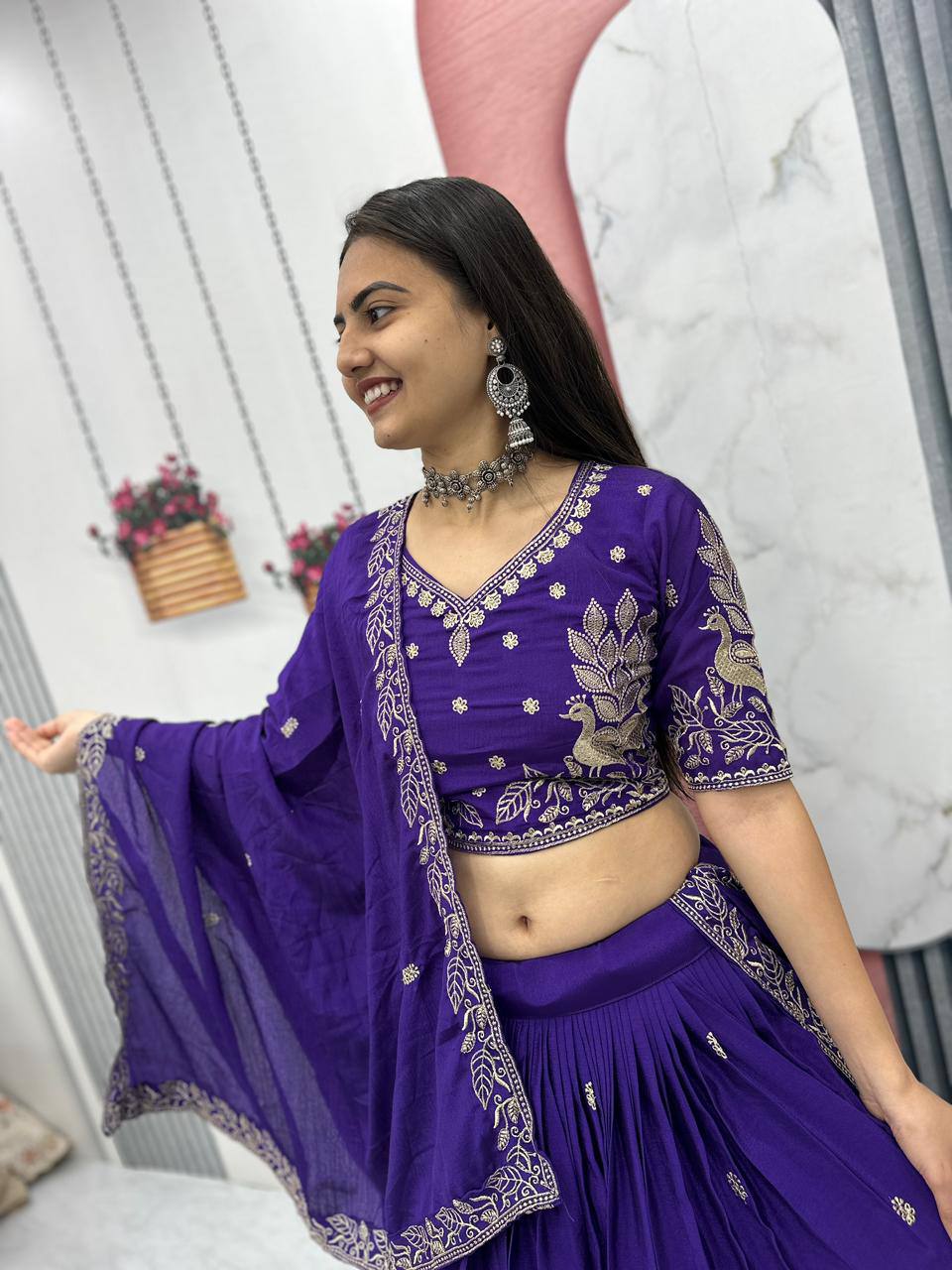 Festival-Ready Chinon Silk Lehenga Choli with Thread Embroidery Work
