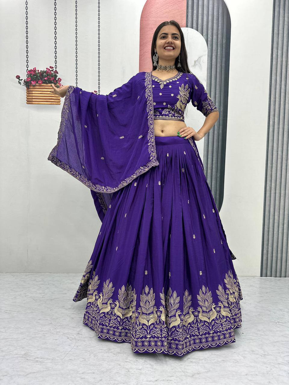 Festival-Ready Chinon Silk Lehenga Choli with Thread Embroidery Work
