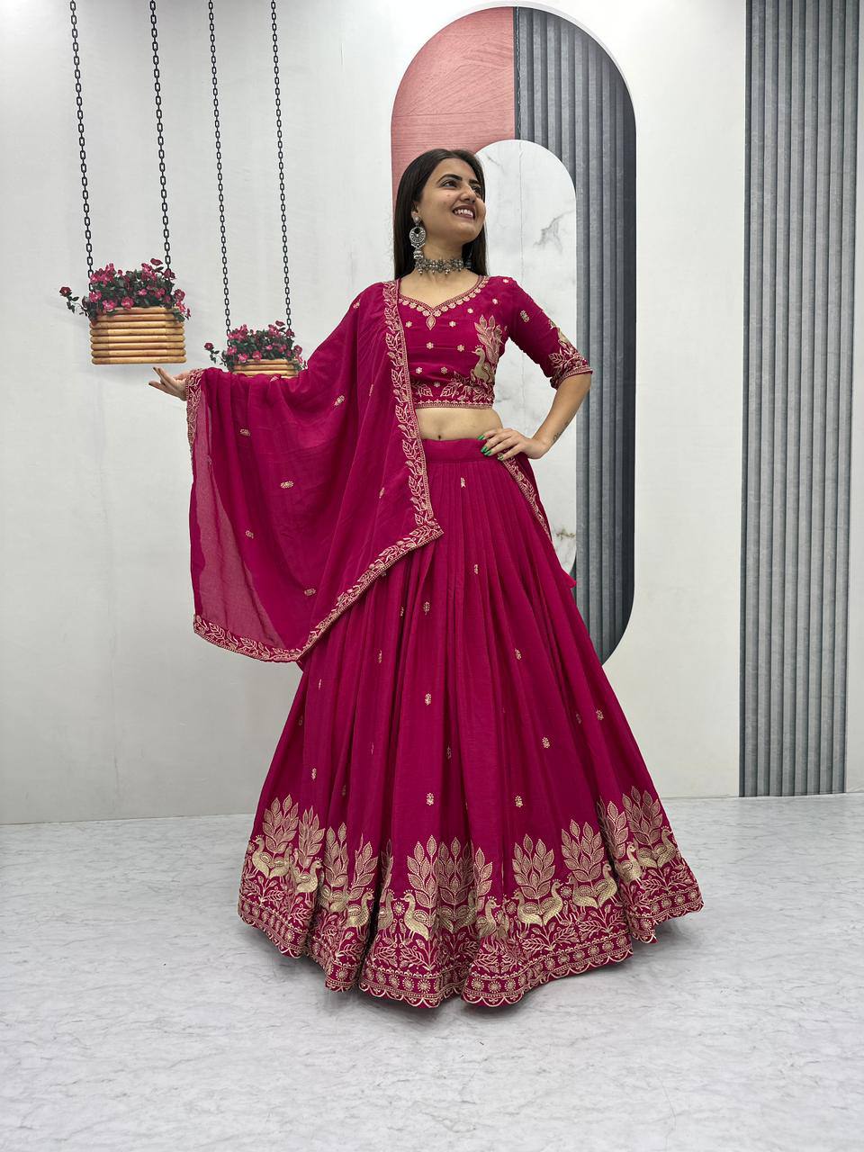 Festival-Ready Chinon Silk Lehenga Choli with Thread Embroidery Work
