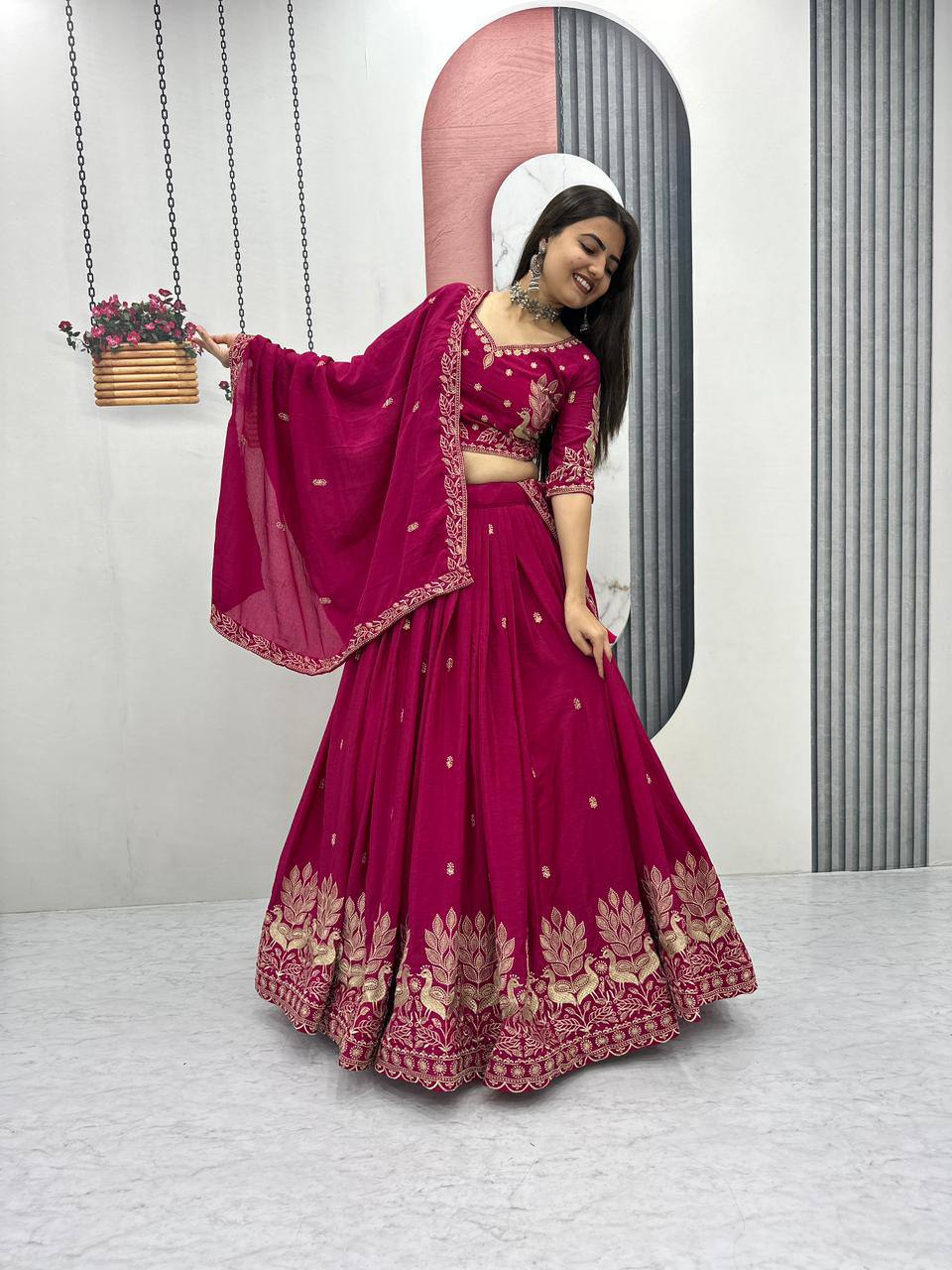 Festival-Ready Chinon Silk Lehenga Choli with Thread Embroidery Work
