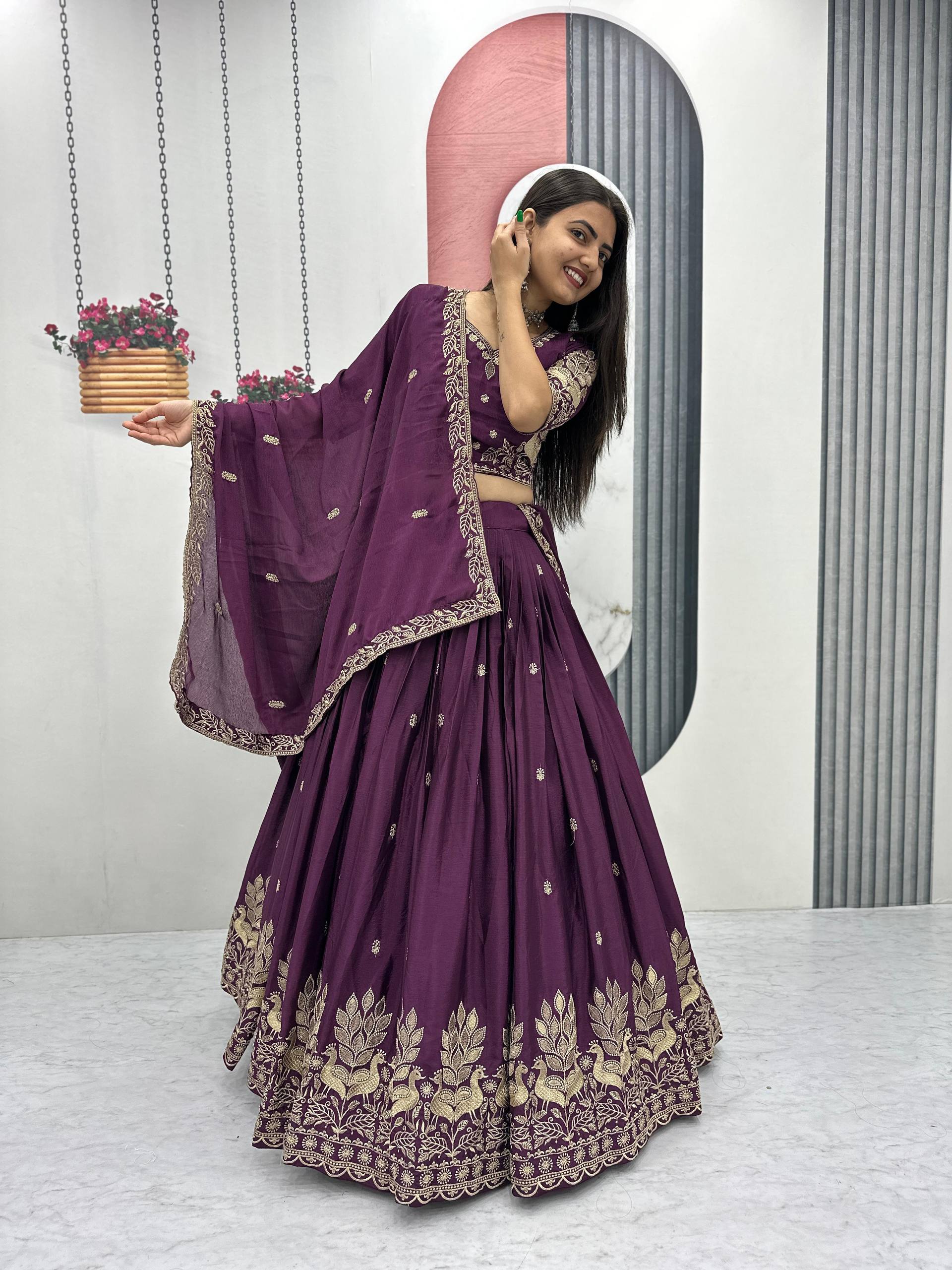 Festival-Ready Chinon Silk Lehenga Choli with Thread Embroidery Work
