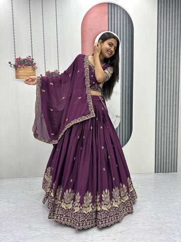 Festival-Ready Chinon Silk Lehenga Choli with Thread Embroidery Work
