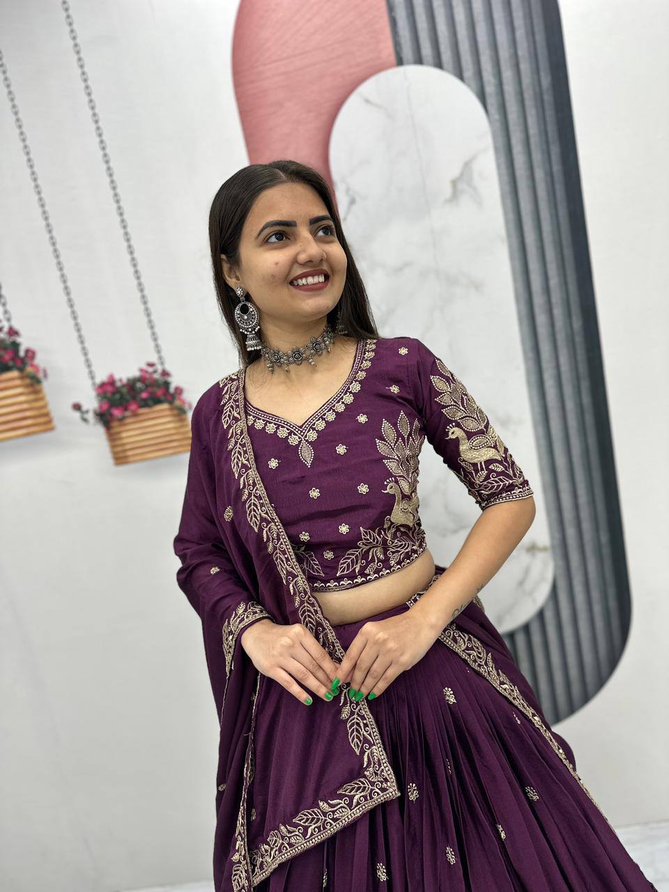 Festival-Ready Chinon Silk Lehenga Choli with Thread Embroidery Work
