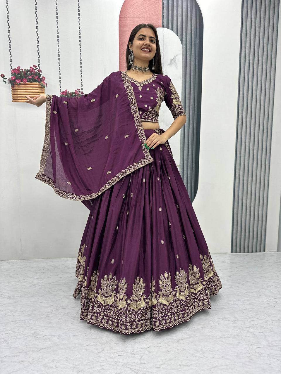 Festival-Ready Chinon Silk Lehenga Choli with Thread Embroidery Work
