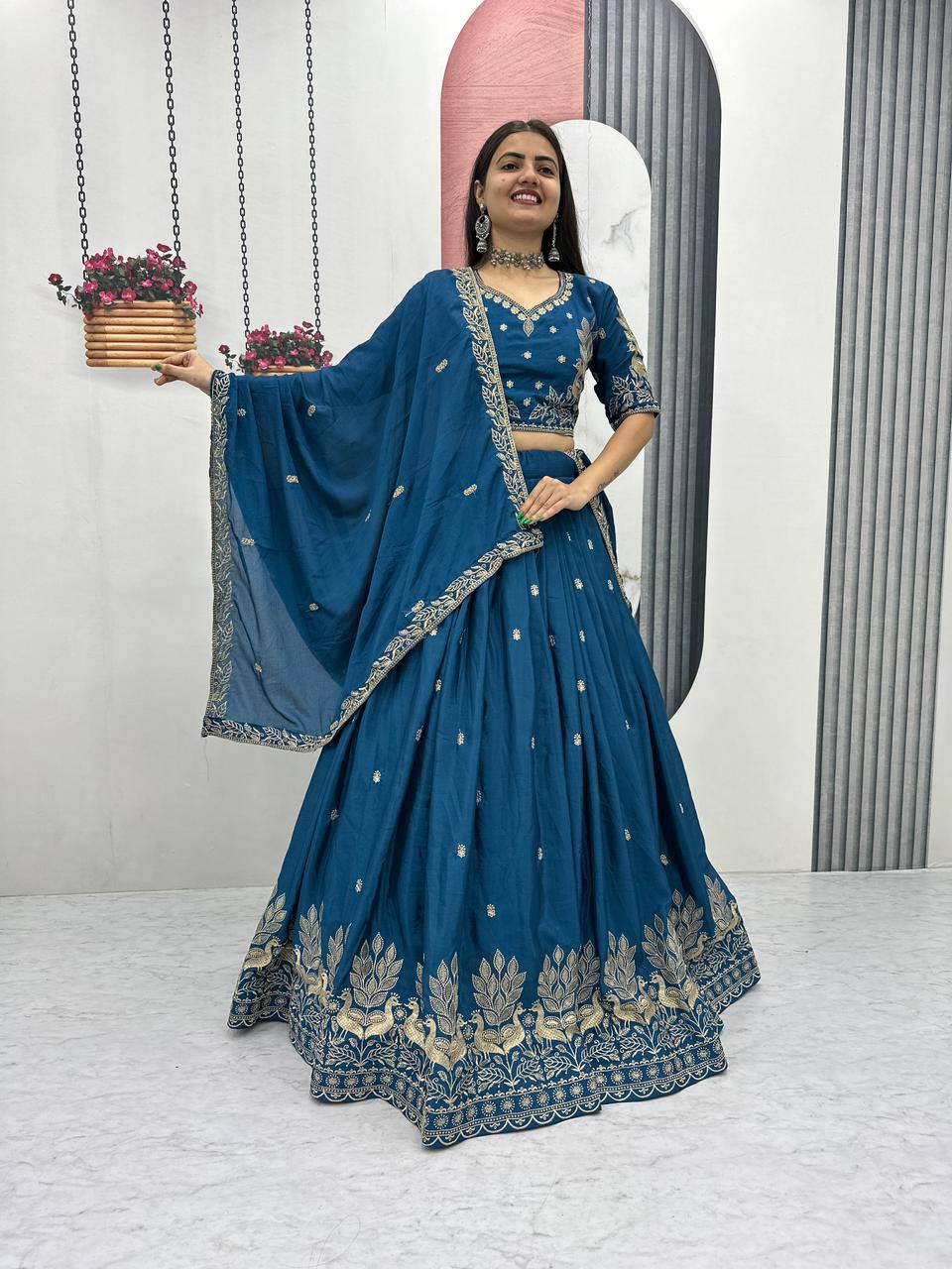 Festival-Ready Chinon Silk Lehenga Choli with Thread Embroidery Work
