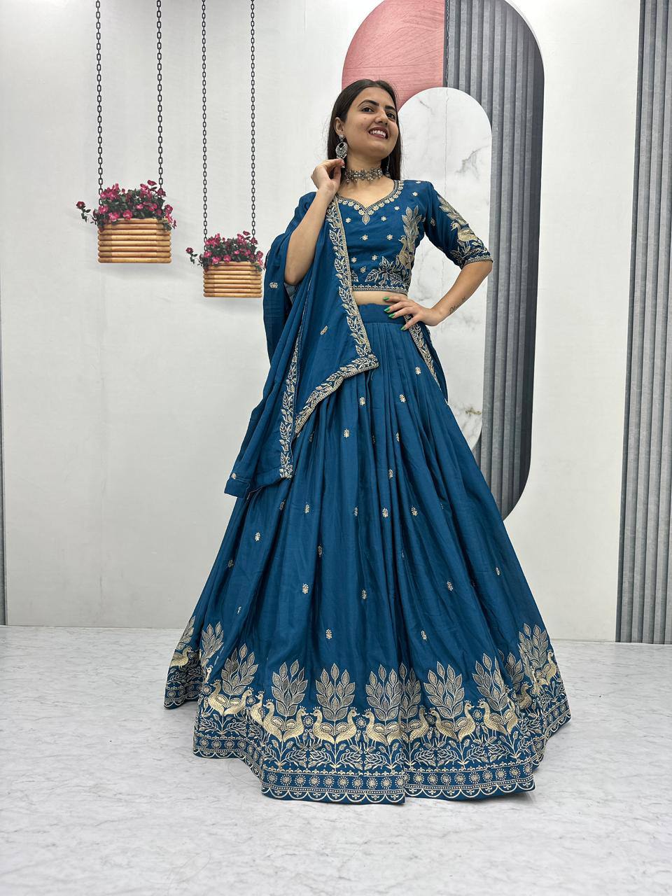 Festival-Ready Chinon Silk Lehenga Choli with Thread Embroidery Work
