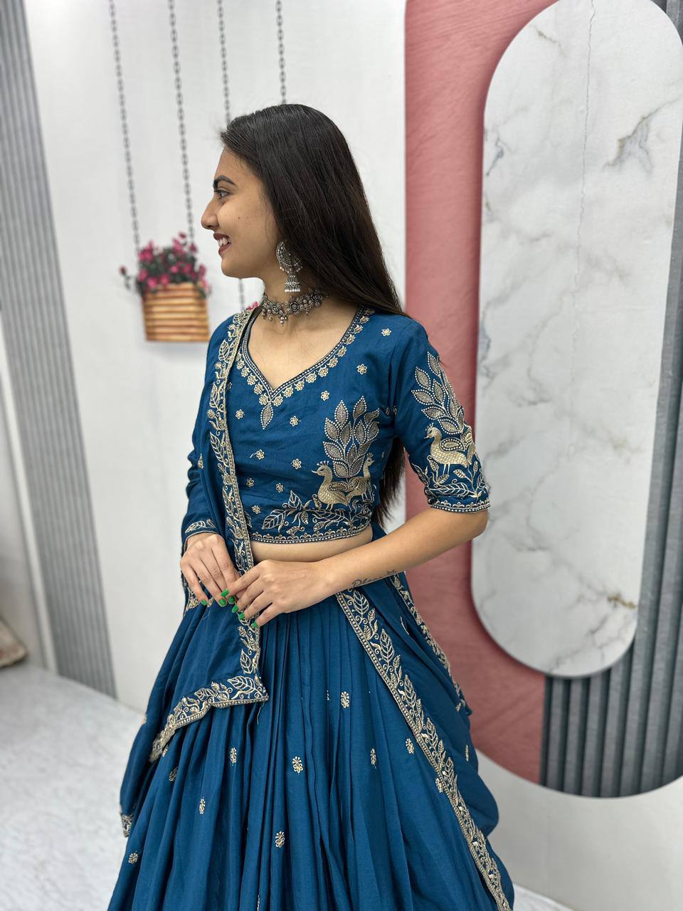 Festival-Ready Chinon Silk Lehenga Choli with Thread Embroidery Work
