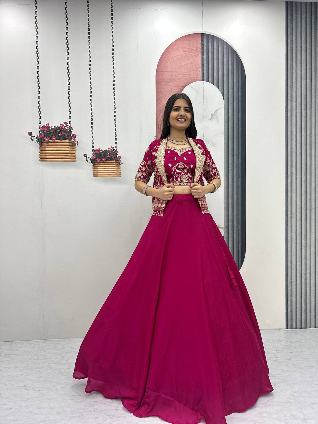 Stylish Ethnic Chinon Heavy Embroidered Work Lehenga Choli Jacket Set
