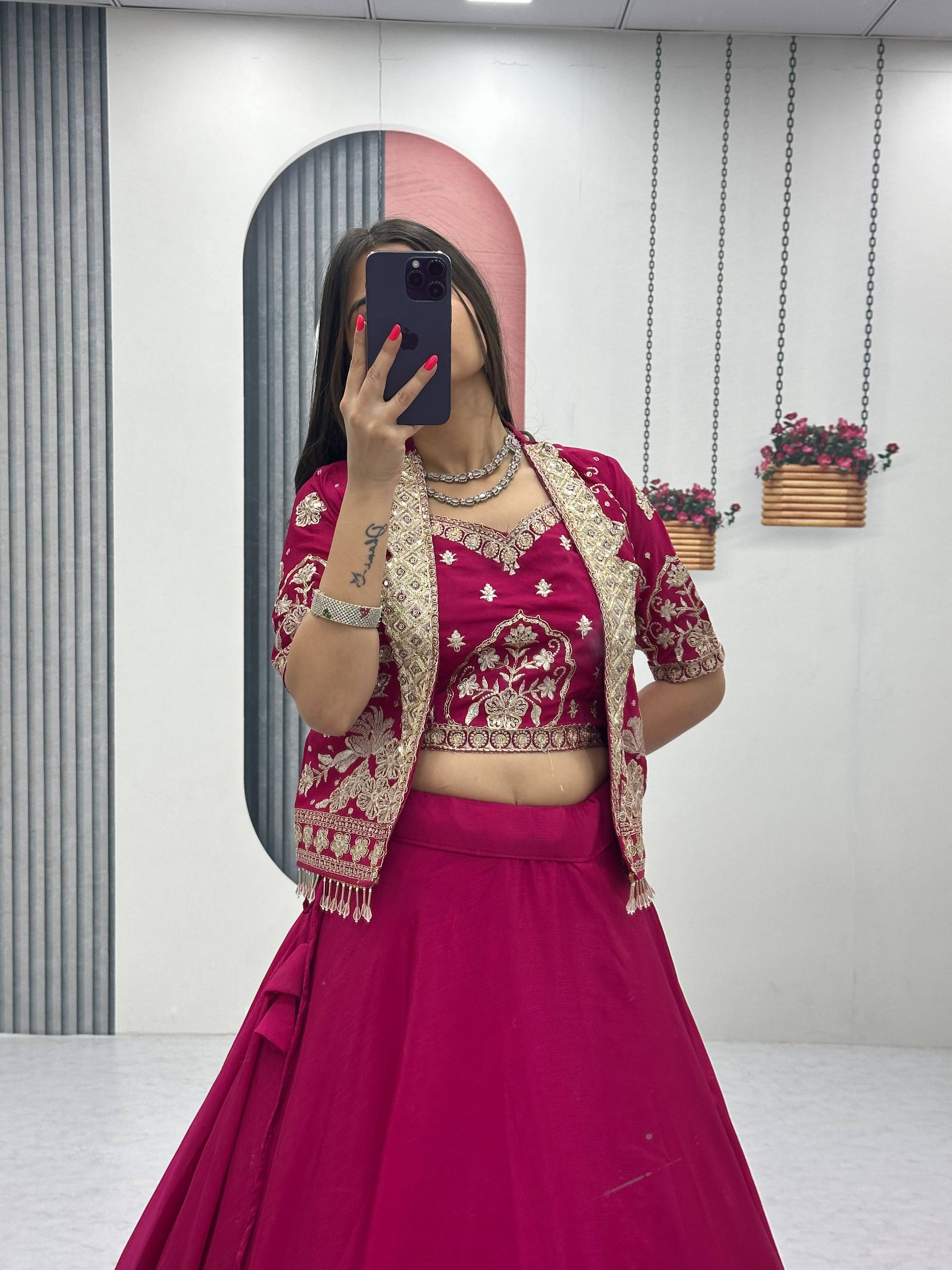 Stylish Ethnic Chinon Heavy Embroidered Work Lehenga Choli Jacket Set
