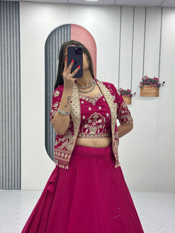 Stylish Ethnic Chinon Heavy Embroidered Work Lehenga Choli Jacket Set
