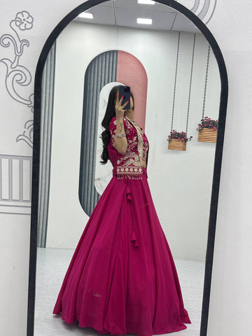 Stylish Ethnic Chinon Heavy Embroidered Work Lehenga Choli Jacket Set
