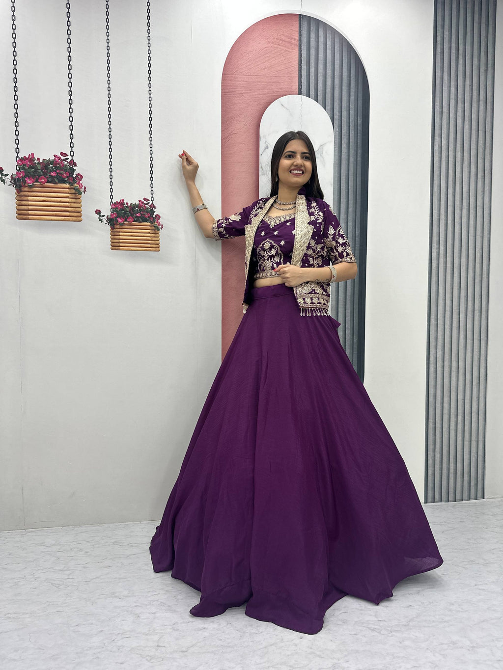 Stylish Ethnic Chinon Heavy Embroidered Work Lehenga Choli Jacket Set
