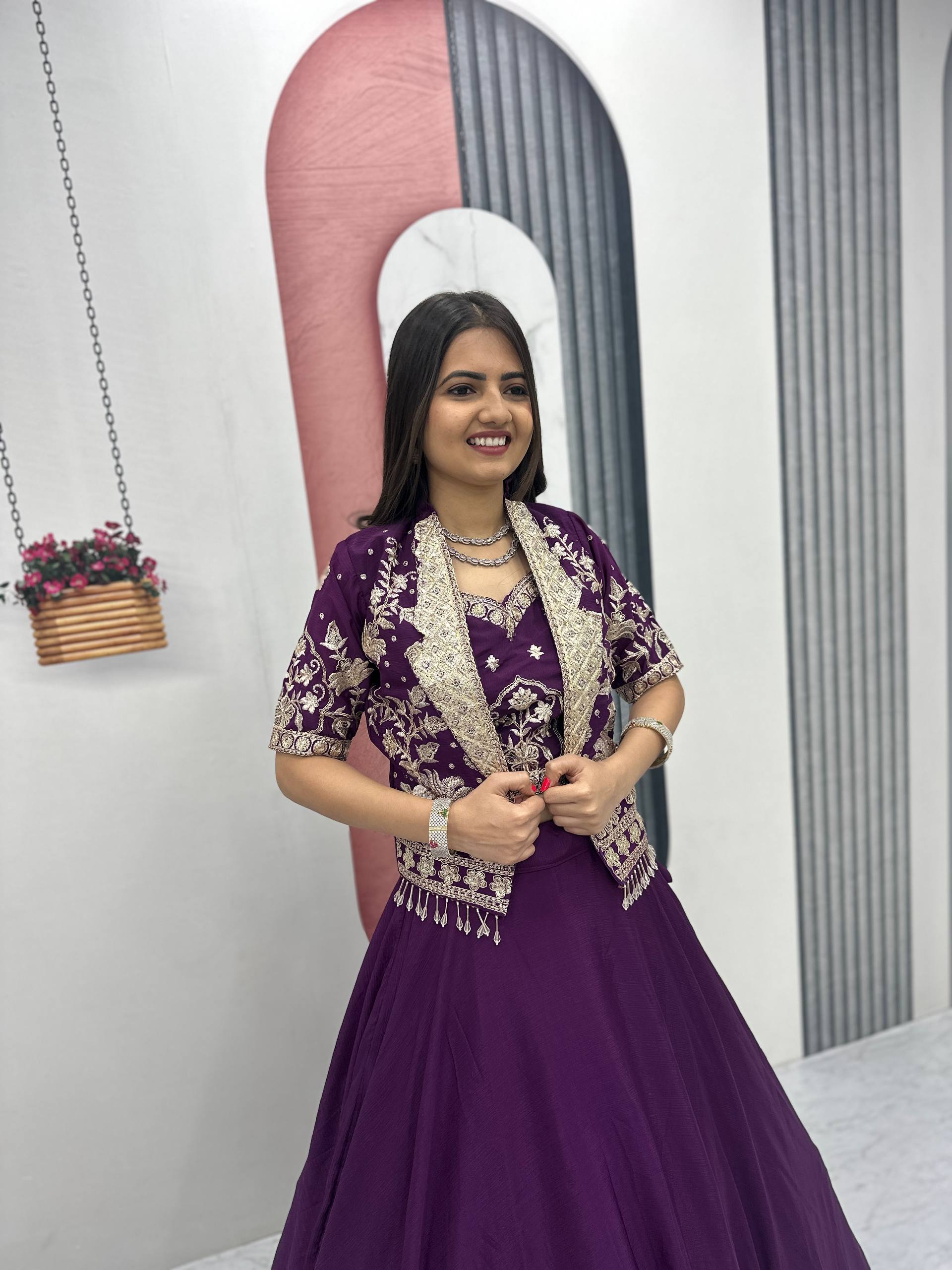 Stylish Ethnic Chinon Heavy Embroidered Work Lehenga Choli Jacket Set
