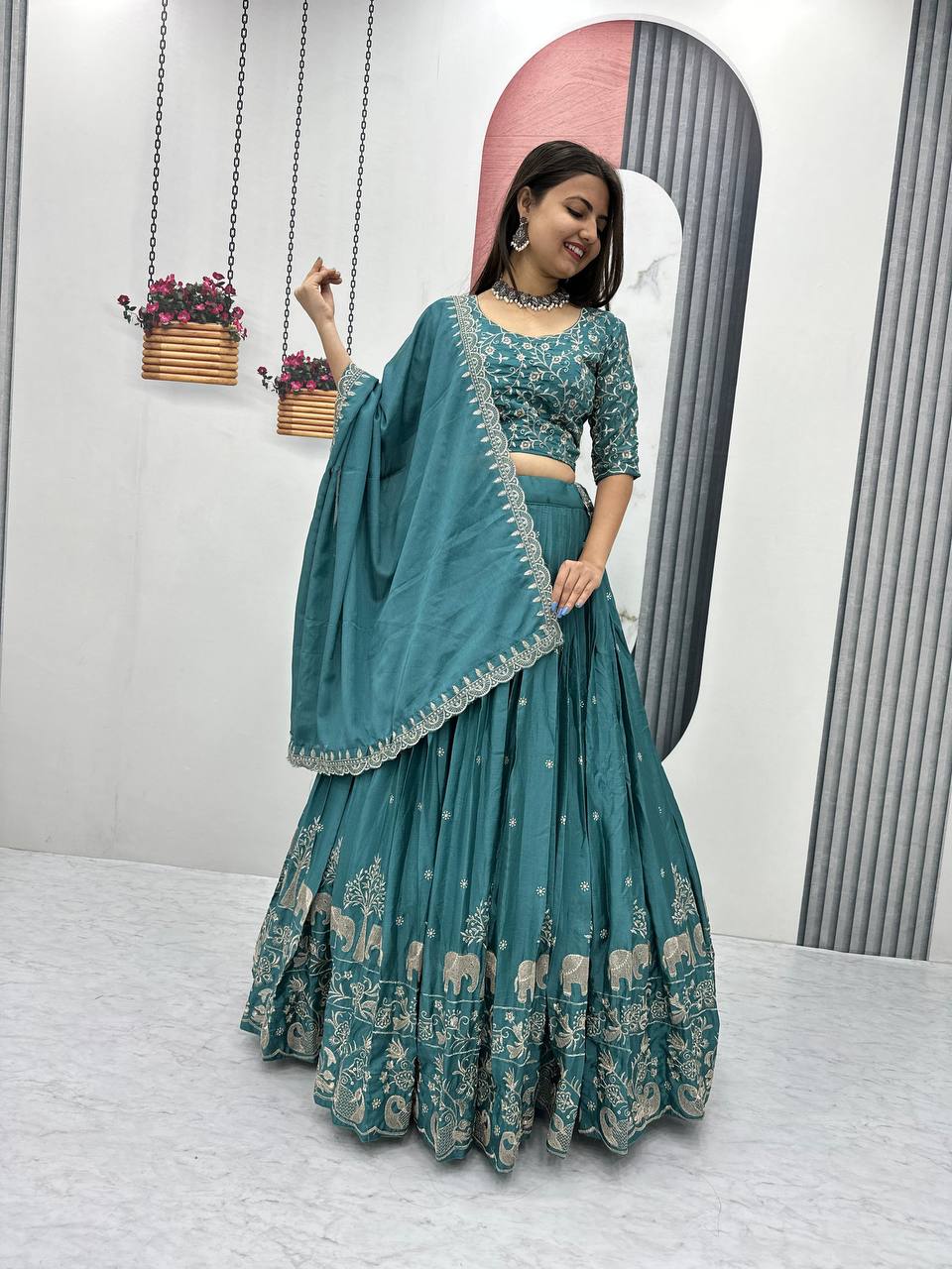 Beautiful Chinon Silk Embroidery Thread Work Ready to Wear Lehenga Choli
