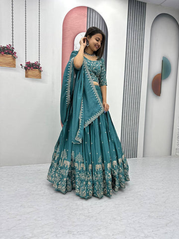 Beautiful Chinon Silk Embroidery Thread Work Ready to Wear Lehenga Choli
