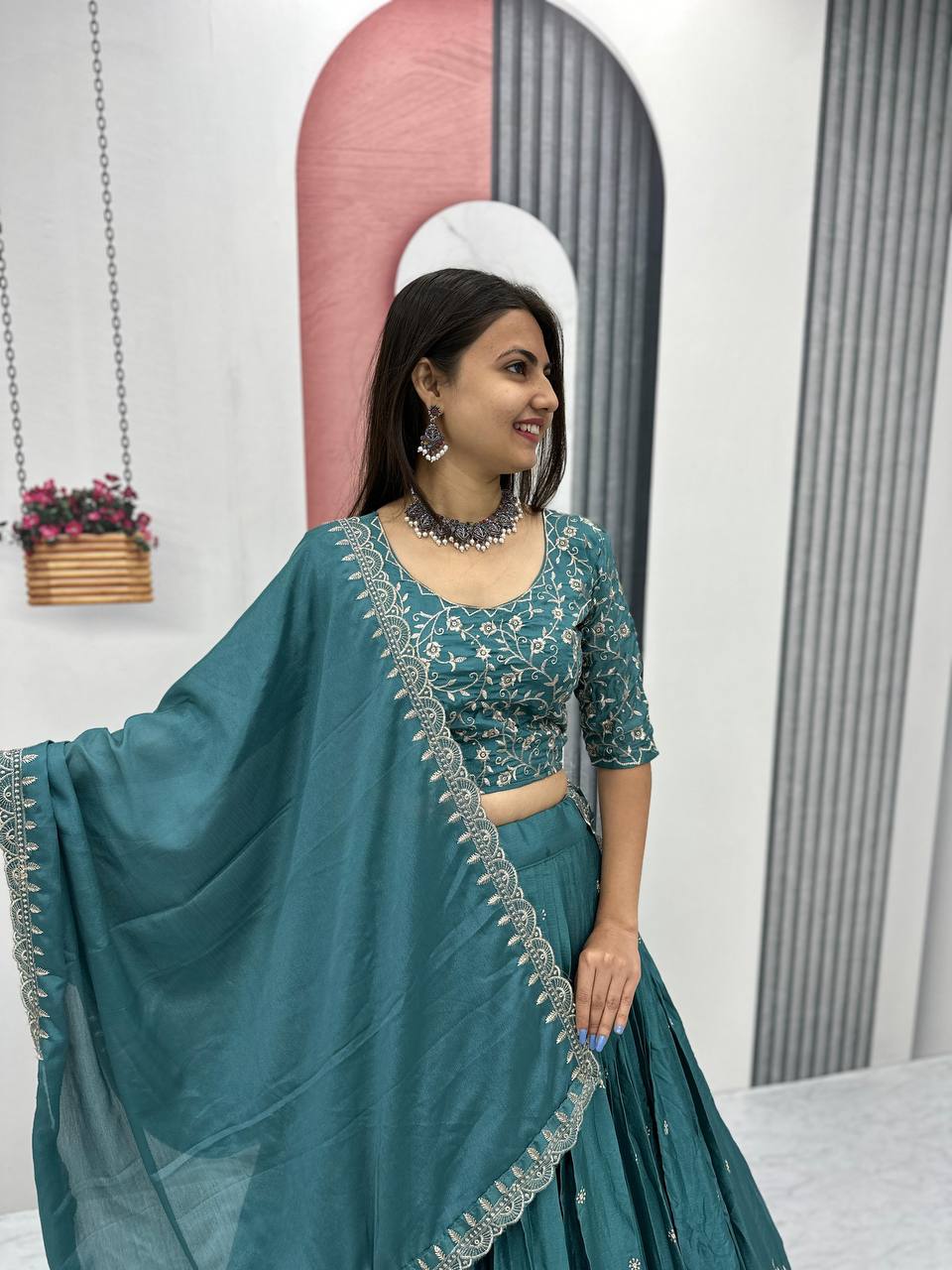 Beautiful Chinon Silk Embroidery Thread Work Ready to Wear Lehenga Choli
